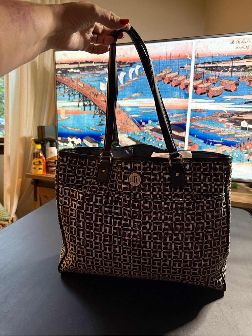Tommy Hilfiger Black and White Logo Jacquard Tote